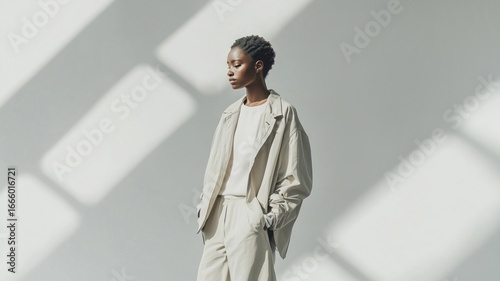 Fashion model poses elegantly in neutral attire with dramatic light on a minimalist background