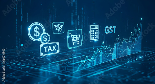 Digital illustration depicting tax, gst, finance, and business concepts with a rising graph, representing growth, investment, and economic trends in the market