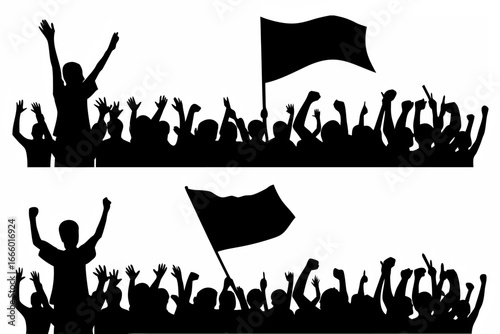 Crowd of people cheering and waving flags in celebration and protest