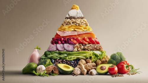 Colorful food pyramid with fresh vegetables, fruits, grains, and proteins arranged pyramid shape, emphasizing healthy eating