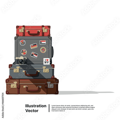 Stacked Vintage Suitcases with Stickers and a Camera for Travel Illustration Vector