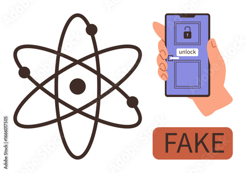 Atom structure, phone unlocking door, and fake text highlight deception, skepticism, science misuse, technology challenges. Ideal for security, education, innovation ethics research awareness