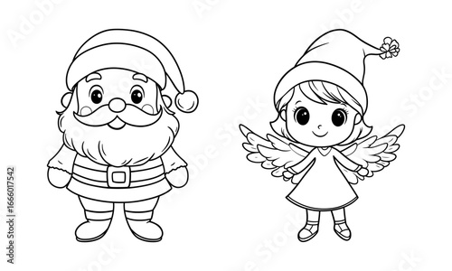 Christmas Angel and Santa Claus in a coloring page illustration for kids