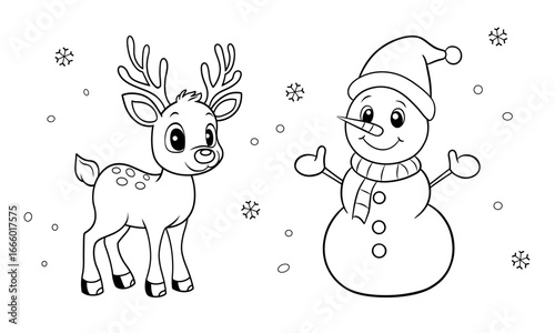 Cute cartoon reindeer and snowman celebrating Christmas in a black and white illustration for a coloring book
