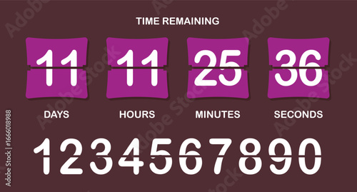 Countdown timer icon. Flip-style numeric display showing days, hours, minutes, seconds with brown background, bold split numbers, and a clear time-remaining header in white text.