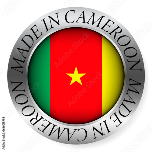 Made in Cameroon button icon. Circular emblem with metallic border, glossy central flag, and bilingual label indicating product origin and international manufacturing identity.