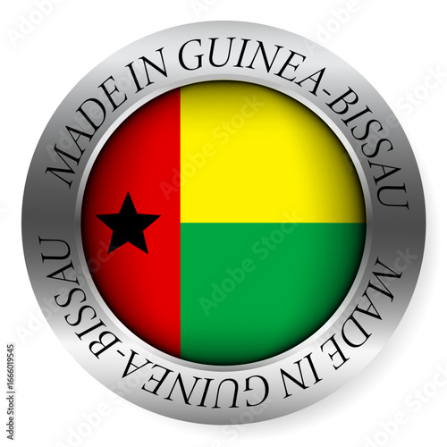 Made in Guinea-Bissau button icon. Circular emblem with metallic border, glossy central flag, and bilingual label indicating product origin and international manufacturing identity.