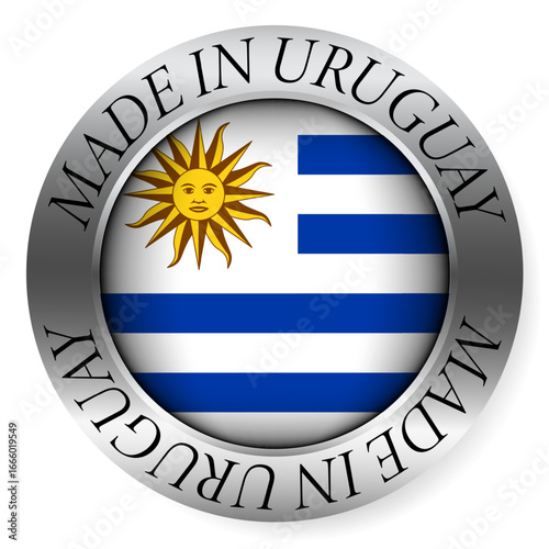 Made in Uruguay button icon. Circular emblem with metallic border, glossy central flag, and bilingual label indicating product origin and international manufacturing identity.
