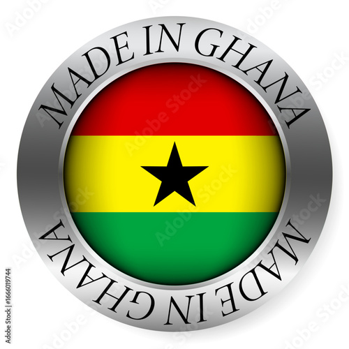 Made in Ghana button icon. Circular emblem with metallic border, glossy central flag, and bilingual label indicating product origin and international manufacturing identity.