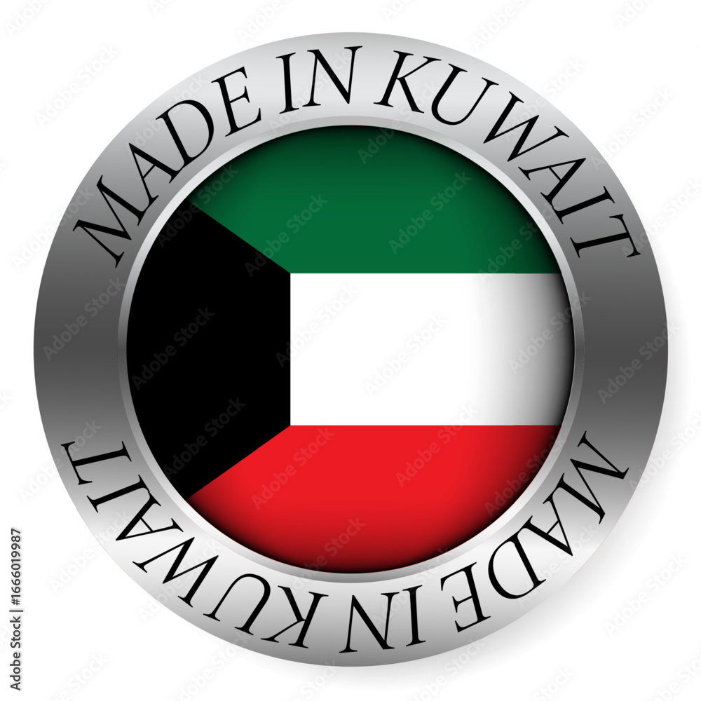 Made in Kuwait button icon. Circular emblem with metallic border, glossy central flag, and bilingual label indicating product origin and international manufacturing identity. Made in Kuwait button icon. Circular emblem with metallic border, glossy central flag, and bilingual label indicating product origin and international manufacturing identity.