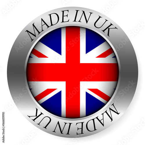 Made in United Kingdom button icon. Circular emblem with metallic border, glossy central flag, and bilingual label indicating product origin and international manufacturing identity.