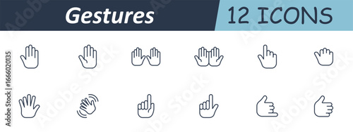 Gesture and hand signal set icon. Outlined hands in raised, pointing, waving, open, dual, thumbs up, and expressive forms illustrating input, communication, and physical cues