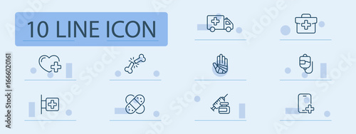 Medical emergency set icon. Ambulance, first aid kit, IV bag, broken bone, hospital bed, syringe, heart, bandage, injured hand, phone with cross, outlined on light blue background.