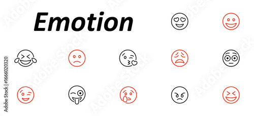 Emotion set icon. Smiling, crying, kissing, winking, angry, sad, surprised, laughing, and heart-eye expressions in circular outlined emoji faces with expressive line style.