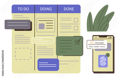 Task board with To Do, Doing, Done sections, mobile device showing authentication code and fingerprint. Ideal for productivity, organization, workflow, security, planning scheduling teamwork