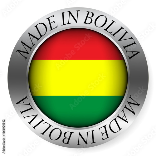 Made in Bolivia button icon. Circular emblem with metallic border, glossy central flag, and bilingual label indicating product origin and international manufacturing identity.
