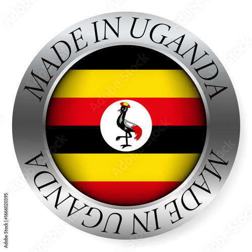 Made in Uganda button icon. Circular emblem with metallic border, glossy central flag, and bilingual label indicating product origin and international manufacturing identity.