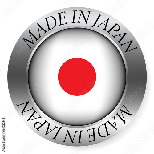 Made in Japan button icon. Circular emblem with metallic border, glossy central flag, and bilingual label indicating product origin and international manufacturing identity.