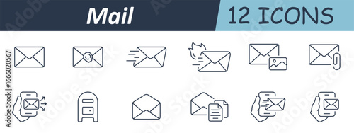 Mail set icon. Line icons present closed, sent, burning, attached, and multimedia emails, envelopes with documents, mobile messaging, and various mail delivery methods