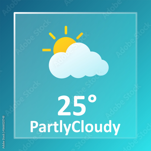 Partly cloudy icon. White cloud and partial sun with yellow rays on blue background above temperature 25 and label partlycloudy in white bold text.