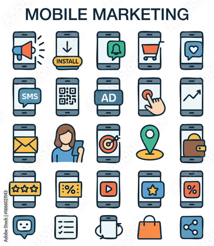 Mobile Marketing Icon Set – Digital Ads, E-commerce & App Promotion in Flat Style