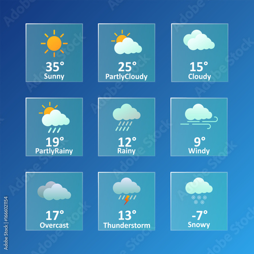 Weather forecast icon set. Flat square symbols for sunny, cloudy, rainy, windy, snowy, overcast, thunderstorm, and mixed conditions with temperatures on a blue gradient background.