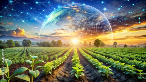 Vast agricultural field with rows of young plants under a glowing digital earth sphere, representing global smart farming and sustainable future