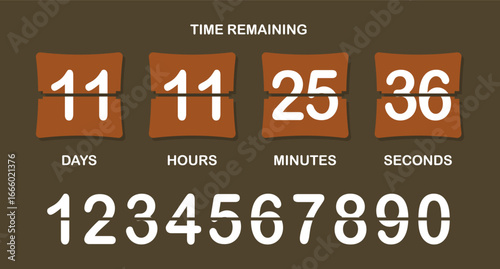 Countdown timer icon. Flip-style numeric display showing days, hours, minutes, seconds with brown background, bold split numbers, and a clear time-remaining header in white text.