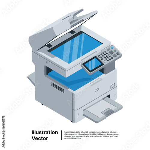 Modern office copier machine illustration with scanner and printer functionality