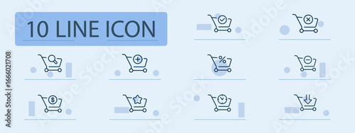 Shopping cart set icon. Carts with plus, minus, search, discount, check, cross, star, arrow, coin, clock show retail, e-commerce, selection, approval, sale activities