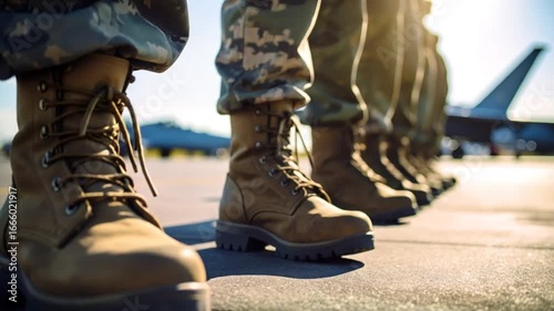 Military personnel boots on tarmac