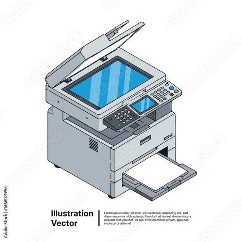Isometric illustration of a modern office copier machine with open scanner, ready for document