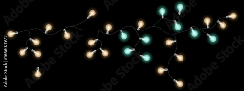 Party lights set icon. Twisted electric string with glowing bulbs in soft yellow and blue tones. Used for celebration decor, events, and cozy mood visuals.