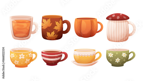 Set of autumn mugs, cups for hot drinks. Cozy fall tableware, vector cartoon illustrations with grainy texture.