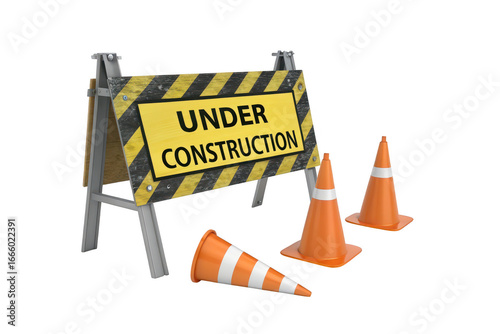 Construction barrier and traffic cones under construction sign isolated on transparent background