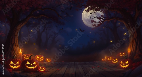 Halloween wooden sign background with jack-o'-lanterns spooky forest digital art nighttime atmospheric vibes