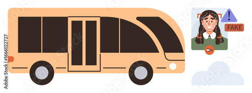 Modern bus alongside visual elements of misinformation detection, warning sign, and fake content marker. Ideal for transportation, safety education, fake news awareness, travel apps, social