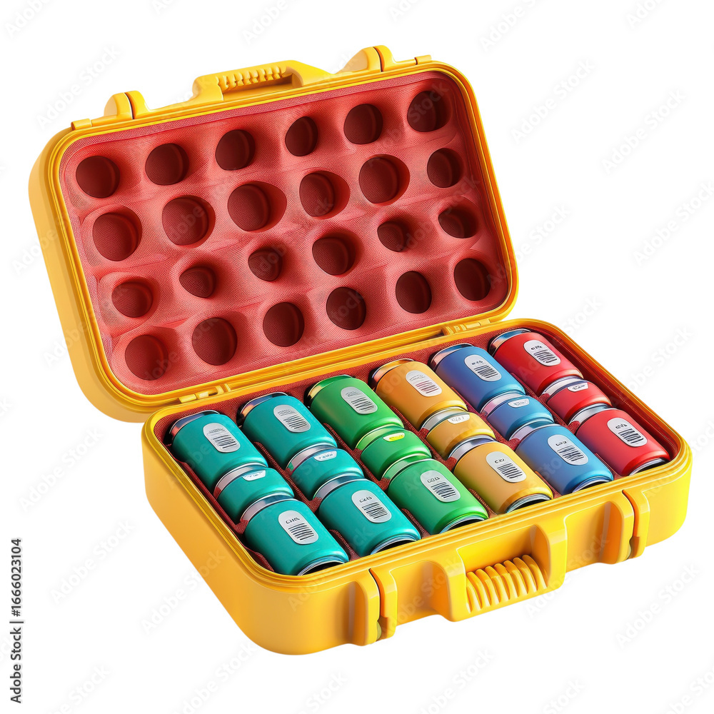 Naklejka premium Open case with colorful cans