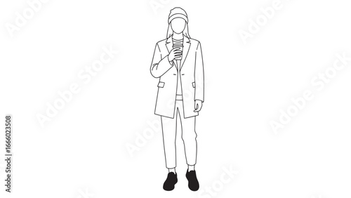 A minimalist line drawing of a person wearing a beanie, jacket, and pants, holding a smartphone to their ear.