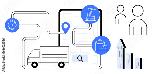 Delivery truck rides on route connecting factories and warehouses on a digital map. Features stopwatch, user icons, and growth graph. Ideal for logistics, supply chain, delivery, tracking, planning
