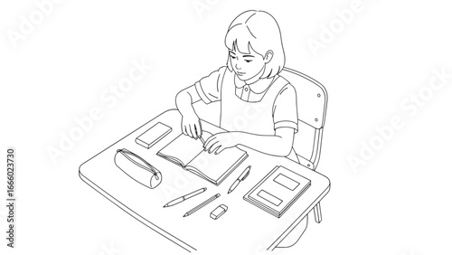 A young student diligently studies at a desk, writing in an open notebook with a pen, surrounded by educational supplies.