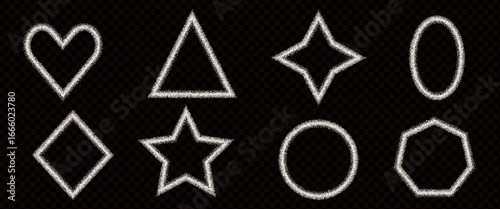 Bake flour brush stroke geometric shapes frames set. Grainy noise textured white sugar y2k borders elements. Heart, rectangle, circle dotwork text boxes. Vector gritty geometry callout figures.