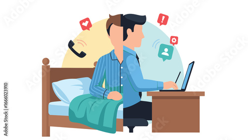 A person is depicted split in half, with one side in bed and the other at a desk with a laptop, surrounded by digital notifications and a ringing phone, symb...