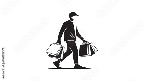 Silhouette of a person wearing a cap and mask, walking with multiple shopping bags in each hand.
