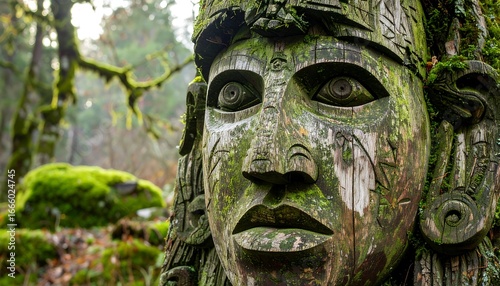 Close-up of a weathered wooden carving, exhibiting intricate details and a rich, forest-green moss-covered surface, featuring a captivating, ancient-looking face.