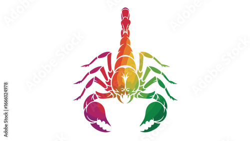 A vibrant, stylized illustration of a scorpion rendered in a gradient of rainbow colors, showcasing its segmented body, claws, and stinger against a clean white background.