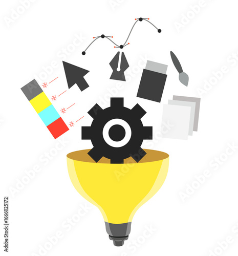 Creative light bulb illustration filled with graphic design elements such as color palette, gears, cursor, pen tool, brush, and layers. It symbolizes creativity and innovation.