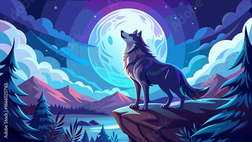 A lone wolf howling in silhouette, standing proudly upon the hill beneath glowing full moon, night whispers mystery, symbol of fear and wild strength, dangerous yet beautiful, timeless untamed.