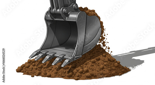 Excavator bucket unloading a pile of dirt, casting a shadow on a white background.