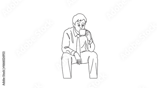 A man in a suit and tie sits and drinks from a mug, appearing contemplative or tired.
